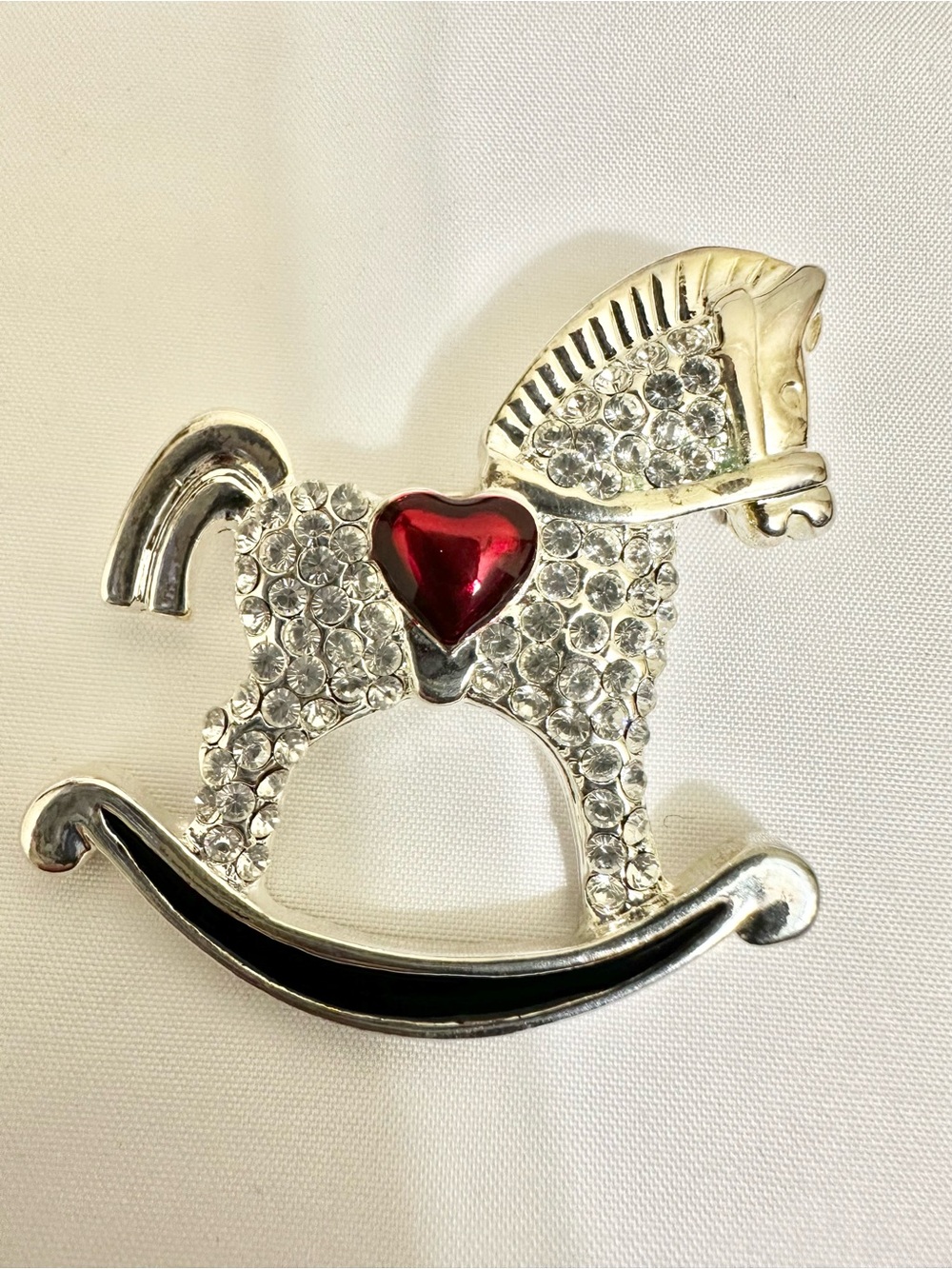 Vintage Silver Plated Rhinestone Rocking Horse Brooch with Red Heart